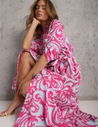 cflo Rochie Cămașă Fucsia-Albastru Maxi cu Curea din Material cu Imprimeu Abstract Lirans