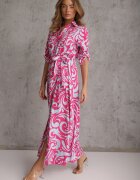 cflo Rochie Cămașă Fucsia-Albastru Maxi cu Curea din Material cu Imprimeu Abstract Lirans