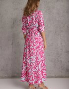cflo Rochie Cămașă Fucsia-Albastru Maxi cu Curea din Material cu Imprimeu Abstract Lirans