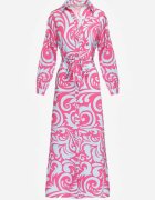 cflo Rochie Cămașă Fucsia-Albastru Maxi cu Curea din Material cu Imprimeu Abstract Lirans