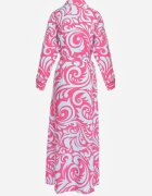 cflo Rochie Cămașă Fucsia-Albastru Maxi cu Curea din Material cu Imprimeu Abstract Lirans