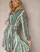 cflo Rochie Cămașă Verde din Viscoză Cloș cu Cordon în Talie Urdiasa
