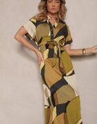 cflo Rochie cămașă Verde din viscoză cu curea cu imprimeu geometric Falintia