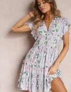 cflo Rochie cambrată din viscoză mov deschis cu flori Idotine