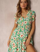 cflo Rochie cambrată mini verde deschis cu flori cu elastic în talie Teziovi