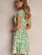 cflo Rochie cambrată mini verde deschis cu flori cu elastic în talie Teziovi