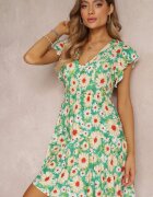 cflo Rochie cambrată mini verde deschis cu flori cu elastic în talie Teziovi