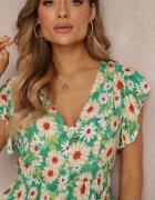 cflo Rochie cambrată mini verde deschis cu flori cu elastic în talie Teziovi