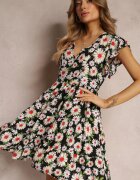 cflo Rochie Cambrată Neagră Mini cu Flori cu Elastic în Talie Teziovi