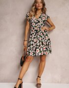 cflo Rochie Cambrată Neagră Mini cu Flori cu Elastic în Talie Teziovi