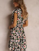 cflo Rochie Cambrată Neagră Mini cu Flori cu Elastic în Talie Teziovi