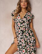 cflo Rochie Cambrată Neagră Mini cu Flori cu Elastic în Talie Teziovi