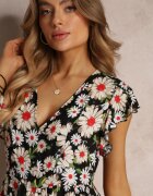 cflo Rochie Cambrată Neagră Mini cu Flori cu Elastic în Talie Teziovi