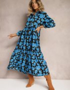 cflo Rochie Cloche Albastru-Negru cu Volan la Bază și Model cu Trandafiri Abstracți Renaisse
