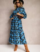cflo Rochie Cloche Albastru-Negru cu Volan la Bază și Model cu Trandafiri Abstracți Renaisse