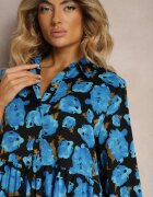 cflo Rochie Cloche Albastru-Negru cu Volan la Bază și Model cu Trandafiri Abstracți Renaisse