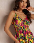 cflo Rochie Cloche Galben-Fuchsia din Viscoză Florală Eurena