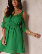 cflo Rochie Cloș Mini Verde cu bandă elastică în talie și mâneci spaniole cu dantelă Carolta