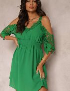 cflo Rochie Cloș Mini Verde cu bandă elastică în talie și mâneci spaniole cu dantelă Carolta