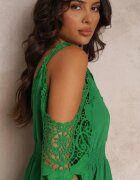 cflo Rochie Cloș Mini Verde cu bandă elastică în talie și mâneci spaniole cu dantelă Carolta
