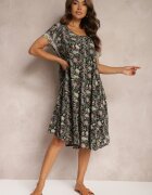 cflo Rochie Cloș Negru-Verde din Viscoză cu Flori Rivanira