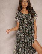 cflo Rochie Cloș Negru-Verde din Viscoză cu Flori Rivanira