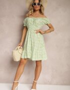cflo Rochie cu umeri goi verde deschis din vâscoză cu cordon din material și elastic în talie cu volan Tiamarosa