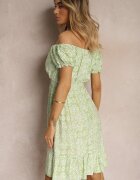 cflo Rochie cu umeri goi verde deschis din vâscoză cu cordon din material și elastic în talie cu volan Tiamarosa