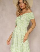 cflo Rochie cu umeri goi verde deschis din vâscoză cu cordon din material și elastic în talie cu volan Tiamarosa