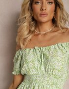 cflo Rochie cu umeri goi verde deschis din vâscoză cu cordon din material și elastic în talie cu volan Tiamarosa
