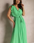 cflo Rochie din Vâscoză Verde Maxi cu Pliseuri cu Croi Evazat și Decolteu Petrecut Fliceris