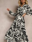cflo Rochie Dreaptă Neagră din Viscoză cu Imprimeu Floral Ridielia