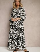 cflo Rochie Dreaptă Neagră din Viscoză cu Imprimeu Floral Ridielia