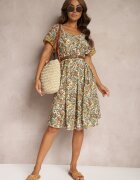 cflo Rochie Evazată Bej deschis din Viscoză cu Imprimeu Floral Rivanira