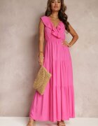 cflo Rochie Evazată Fuchsia Maxi cu Elastic în Talie și Volan Laylani