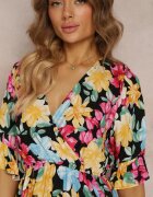 cflo Rochie evazată Mini Neagră și Galbenă cu Decolteu Petrecut și Elastic în Talie din Viscoză Elidi