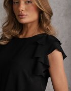 cflo Rochie Evazată Neagră cu Volane la Mâneci Legată în Talie cu o Curea Rissada