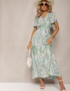 cflo Rochie Evazată Verde deschis din Vâscoză cu Centură și Model Decorativ Briarwin