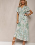 cflo Rochie Evazată Verde deschis din Vâscoză cu Centură și Model Decorativ Briarwin