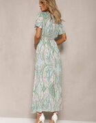 cflo Rochie Evazată Verde deschis din Vâscoză cu Centură și Model Decorativ Briarwin