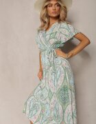 cflo Rochie Evazată Verde deschis din Vâscoză cu Centură și Model Decorativ Briarwin