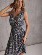cflo Rochie Florală Bleumarin Midi din Viscoză Fără Mâneci cu Elastic în Talie Sarunna