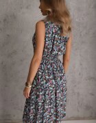 cflo Rochie Florală Bleumarin Midi din Viscoză Fără Mâneci cu Elastic în Talie Sarunna