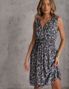 cflo Rochie Florală Bleumarin Midi din Viscoză Fără Mâneci cu Elastic în Talie Sarunna