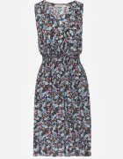 cflo Rochie Florală Bleumarin Midi din Viscoză Fără Mâneci cu Elastic în Talie Sarunna