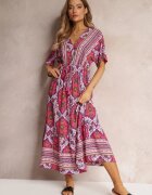 cflo Rochie Fucsia din Viscoză Maxi cu elastic în talie și Volan Cophine