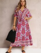 cflo Rochie Fucsia din Viscoză Maxi cu elastic în talie și Volan Cophine