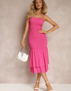 cflo Rochie Fucsia Înncrețită Midi cu Decolteu Pătrat din Viscoză Lueta