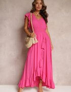 cflo Rochie Fucsia Petrecută din Viscoză Decorată cu Volănașe Carnovie