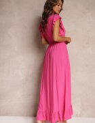 cflo Rochie Fucsia Petrecută din Viscoză Decorată cu Volănașe Carnovie